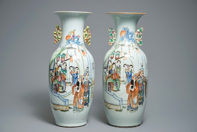 A pair of Chinese famille rose vases with figures on a terrace, 19/20th C.