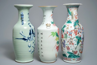 Three tall Chinese famille rose and celadon-ground vases, 19/20th C.