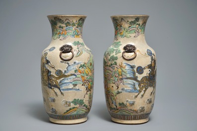 A pair of Chinese Nanking famille verte crackle-glazed vases, 19th C.