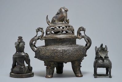 Two Chinese bronze incense burners and a figure of Buddha Shakyamuni, Ming and later