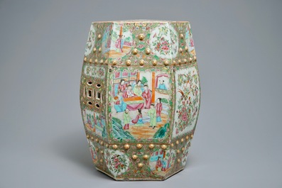 A hexagonal Chinese Canton famille rose garden seat, 19th C.