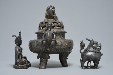 Two Chinese bronze incense burners and a figure of Buddha Shakyamuni, Ming and later