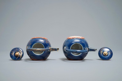 Two Japanese blue-ground Imari teapots with moulded designs of roosters and flowers, Edo, 17/18th C.