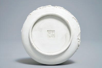A Chinese biscuit brush washer with applied design, mark of Wang Bin Rong, 19/20th C.
