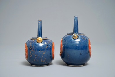 Two Japanese blue-ground Imari teapots with moulded designs of roosters and flowers, Edo, 17/18th C.