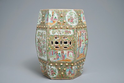 A hexagonal Chinese Canton famille rose garden seat, 19th C.