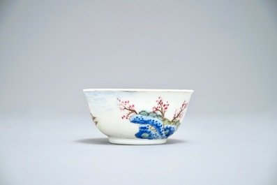 A fine Chinese famille rose cup and saucer with a lady and her dog, Yongzheng