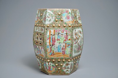 A hexagonal Chinese Canton famille rose garden seat, 19th C.