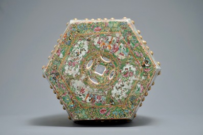 A hexagonal Chinese Canton famille rose garden seat, 19th C.