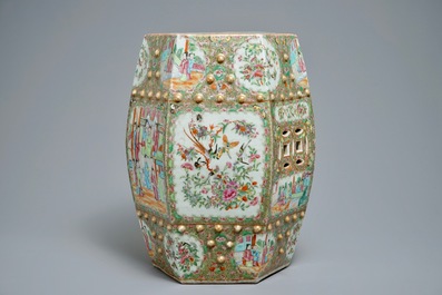 A hexagonal Chinese Canton famille rose garden seat, 19th C.