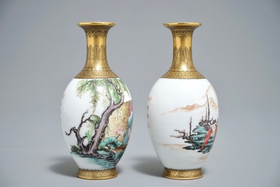 Two Chinese famille rose 'erotic subject' eggshell vases, Qianlong mark, 20th C.