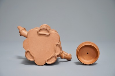 A Chinese reticulated double-walled Yixing stoneware bamboo-shaped teapot and cover, Kangxi