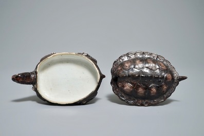 A rare Chinese brown-glazed biscuit tureen and cover in the shape of a turtle, Qianlong