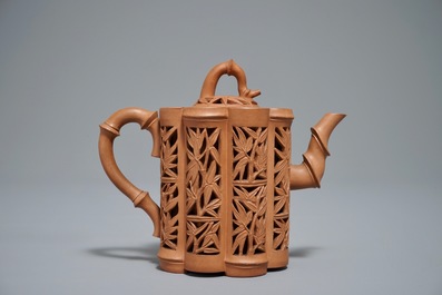 A Chinese reticulated double-walled Yixing stoneware bamboo-shaped teapot and cover, Kangxi