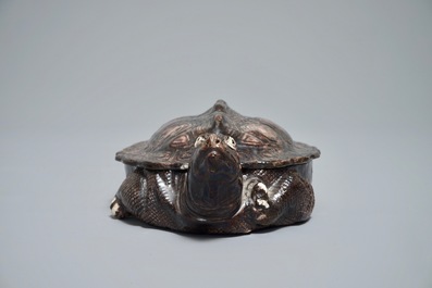 A rare Chinese brown-glazed biscuit tureen and cover in the shape of a turtle, Qianlong