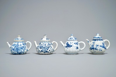 Four Chinese blue and white melon-shaped teapots, Kangxi