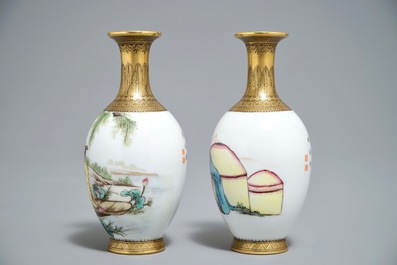 Two Chinese famille rose 'erotic subject' eggshell vases, Qianlong mark, 20th C.