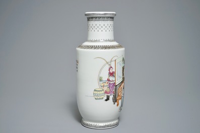 A fine Chinese famille rose rouleau vase with figures, Qianlong mark, Republic 20th C.