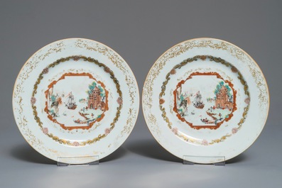 Six Chinese Meissen style plates with a harbour scene, Qianlong