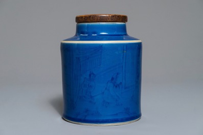 A Chinese monochrome blue tea caddy with underglaze design, Kangxi
