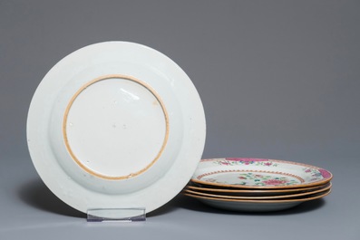 Five Chinese famille rose 'double peacock' plates, Qianlong