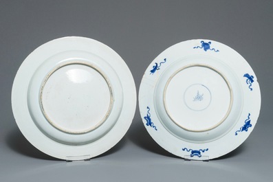 Two Chinese blue and white chargers with floral design, Kangxi and Qianlong