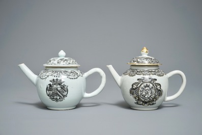Two Chinese armorial grisaille and gilt teapots, Qianlong