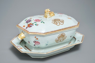 A Chinese monogrammed famille rose tureen and cover on stand, Qianlong