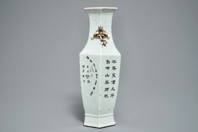 A Chinese hexagonal qianjiang cai vase with landscape design, 19/20th C.