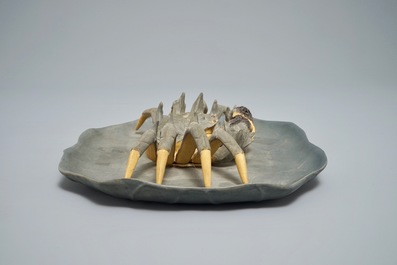 A Chinese Yixing stoneware crab on lotus-shaped dish, 20th C.