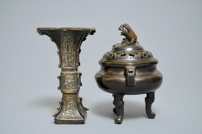 A Chinese bronze incense burner with Xuande mark and a gu vase, 19/20th C.
