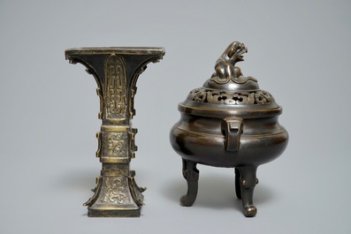 A Chinese bronze incense burner with Xuande mark and a gu vase, 19/20th C.