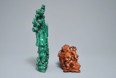 Two carved malachite and wood groups with Buddha and Guanyin with children, 19th C.