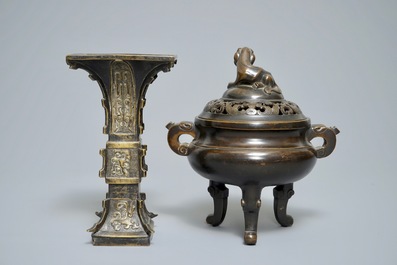 A Chinese bronze incense burner with Xuande mark and a gu vase, 19/20th C.