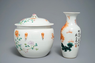 A Chinese famille rose bowl and cover and a vase with Buddhist lions, 19/20th C.