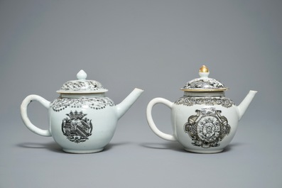 Two Chinese armorial grisaille and gilt teapots, Qianlong