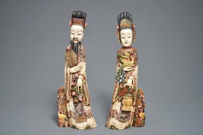 Deux figures polychromes en ivoire sculpt&eacute;, Chine, 19&egrave;me