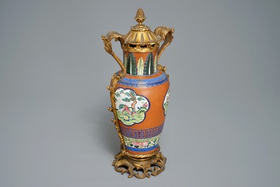 A Chinese gilt bronze-mounted enamelled Yixing vase, 19th C.