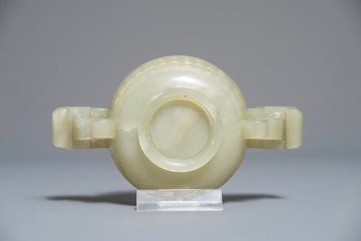 A Chinese celadon jade incense burner with wooden cover and stand, 18/19th C.