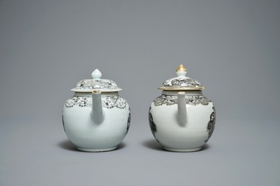 Deux th&eacute;i&egrave;res armori&eacute;es en porcelaine de Chine grisaille, Qianlong