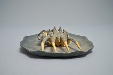 A Chinese Yixing stoneware crab on lotus-shaped dish, 20th C.