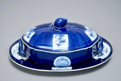A Chinese powder blue tureen and cover on stand, 19th C.
