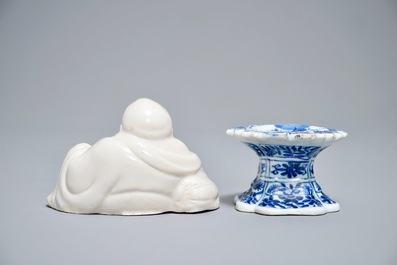 A pair of Chinese famille rose plates, a blue and white salt and a Buddha, Kangxi and later