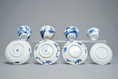 Deux assiettes et quatre tasses et soucoupes en porcelaine de Chine, Kangxi et apr&egrave;s