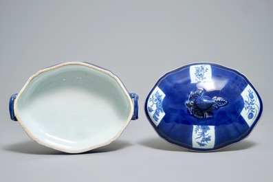 A Chinese powder blue tureen and cover on stand, 19th C.