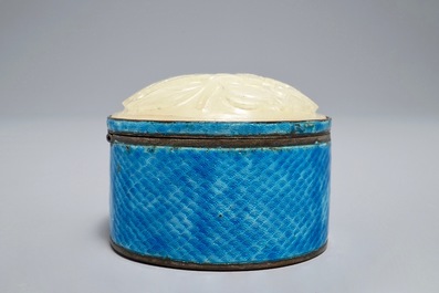 A Chinese enamelled silver and jade-topped box, 19/20th C.