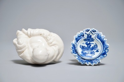 A pair of Chinese famille rose plates, a blue and white salt and a Buddha, Kangxi and later