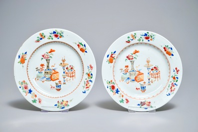 A pair of Chinese famille rose plates, a blue and white salt and a Buddha, Kangxi and later