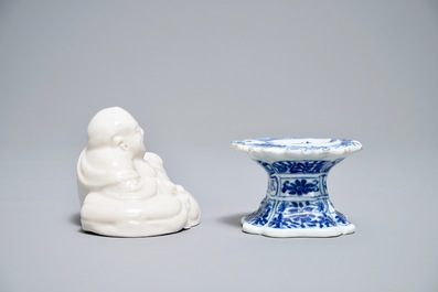 A pair of Chinese famille rose plates, a blue and white salt and a Buddha, Kangxi and later