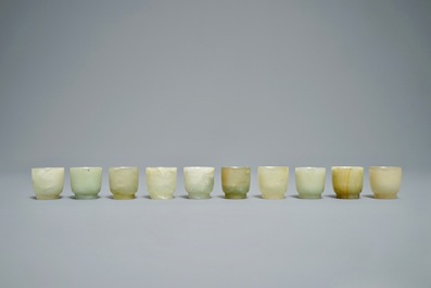 A set of ten Chinese celadon jade cups, 19/20th C.